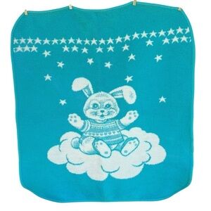 VTG San Marcos Happy Bunny Rabbit Reversible Plush Baby Blanket Cloud Star 44x49